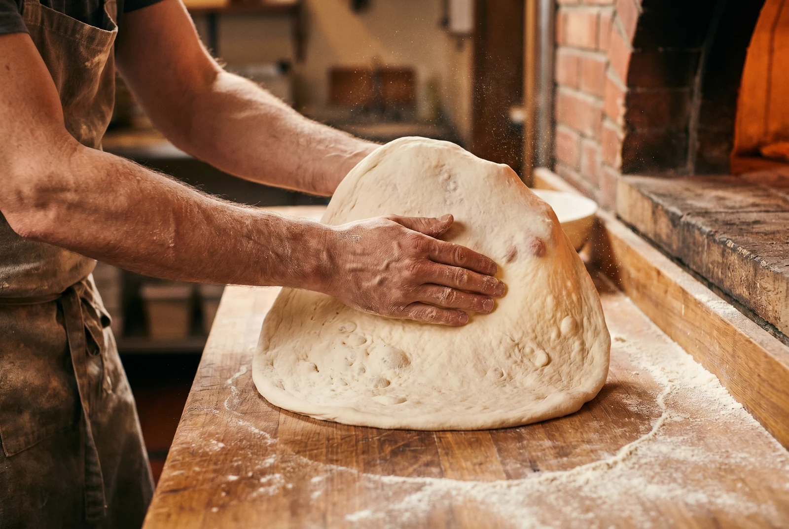 Manos del panadero trabajando la masa de pizza napolitana
